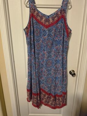 Catherines Blue and Red Printed Sleeveless Midi Dress With Hankechief Hem